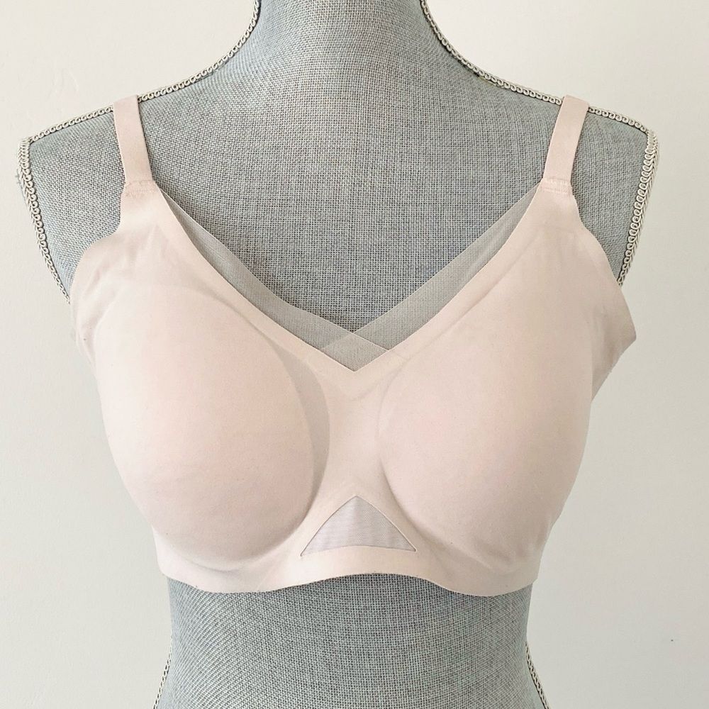 Honeylove CrossOver Bra Powder Pink Wireless Sz XL Romantic Sheer Trim Pre Loved